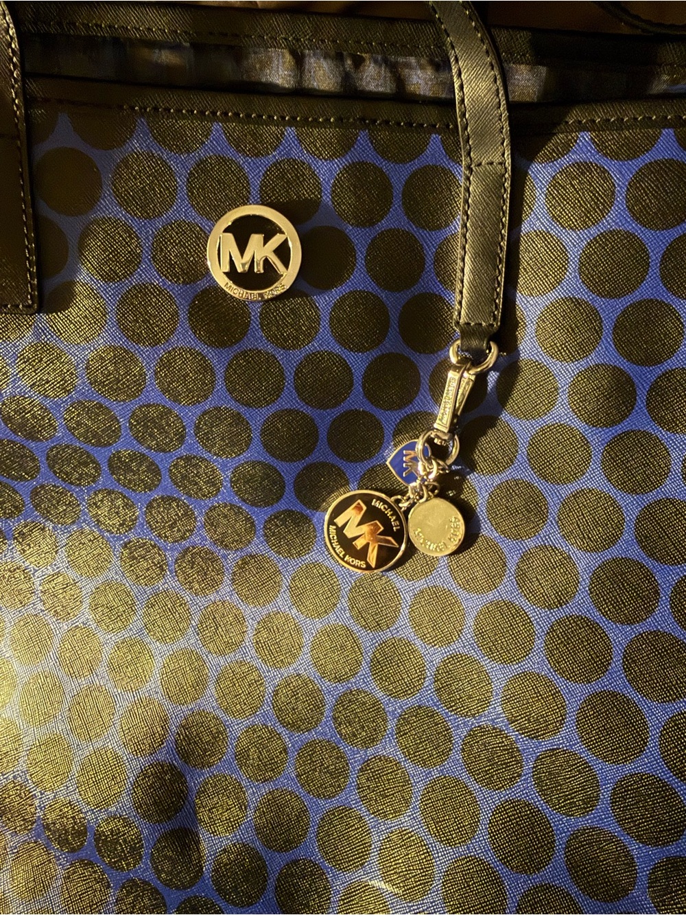 Michael Kors Blue and Black Polka Dot Tote with MK Charm - Picture 3 of 3